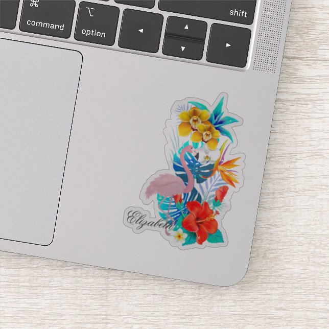 Adesivo Flamingo Rosa, Flores Tropicais - Personalizado (Detalhe)