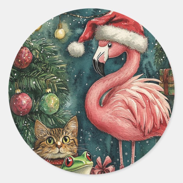 Adesivo Flamingo Rosa Gato e Sapo Natal Tropical (Frente)