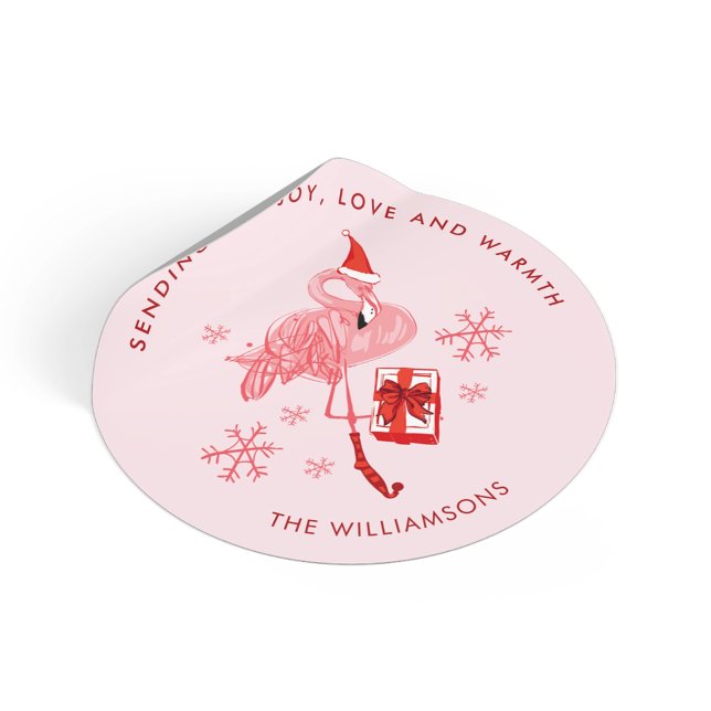 Adesivo Flamingo Rosa Natal à Beira-Mar Aquarela (Pink Flamingo Coastal Christmas Watercolor Classic Round Sticker)