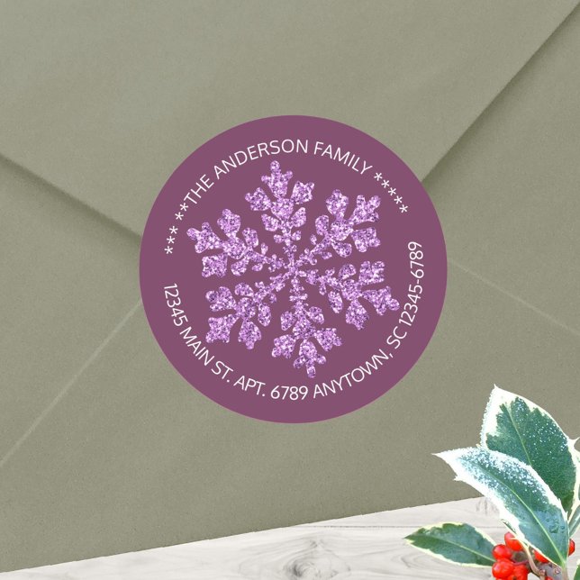 Adesivo Floco de Neve Ameixa Brilho Rústico Personalizado (Plum purple round stickers with your name and address in white can be used as envelope seals too)