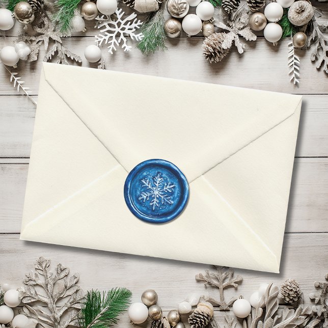 Adesivo Floco de Neve Azul Natal Falso Cera (Blue Snowflake Christmas Faux Wax Classic Round Sticker)