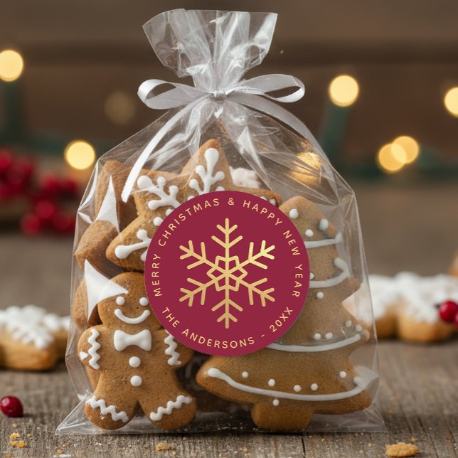 Adesivo Floco de Neve de Natal Borgonha Dourado Elegante  (Criador carregado)