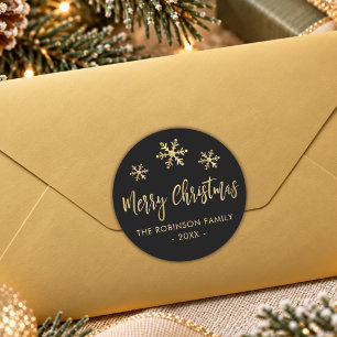 Adesivo Floco de Neve Preto e Dourado Escrito Merry Christ