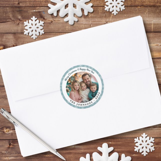 Adesivo Flocos de neve azuis de chá moderno redondos Feria (Round Blue Snowflake Christmas Sticker)