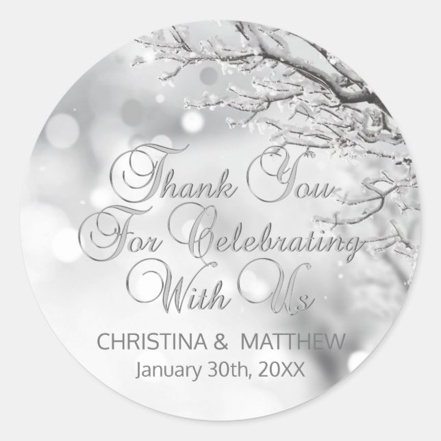Adesivo Flocos de neve da cena de inverno Obrigado Casamen (Frente)