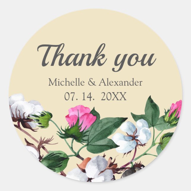 Adesivo Flor de algodão. Casamento Floral Obrigado (Frente)