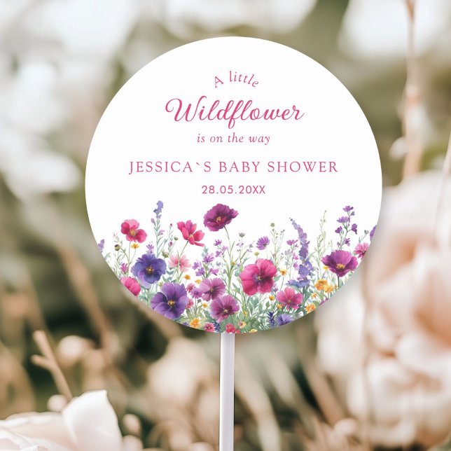 Adesivo Flor silvestre, Chá de fraldas de flor roxa-rosa (Personalized, Wildflower, Purple-Pink-Flower Baby Shower Classic Round Sticker with your Name & Date)