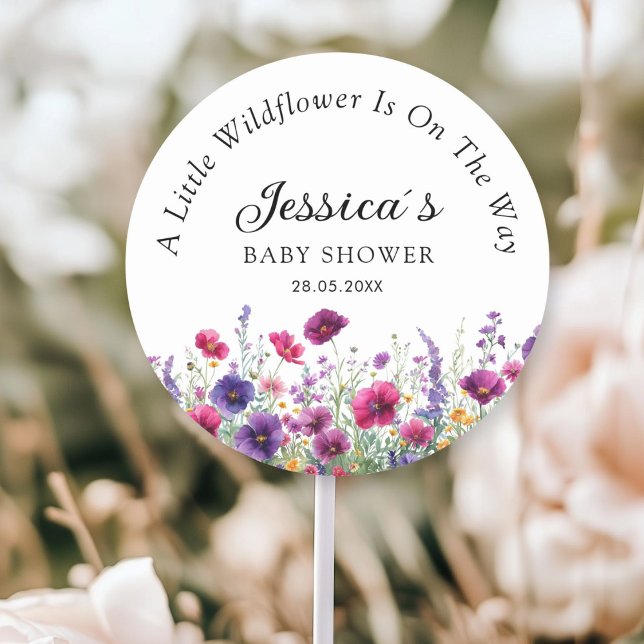 Adesivo Flor silvestre, Chá de fraldas de flor roxa-rosa (Personalized, Wildflower, Purple-Pink-Flower Baby Shower Classic Round Sticker with your Name & Date)