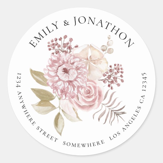 Adesivo Florais Cor-de-Rosa Moderno Nome de Casamento Ende (Frente)