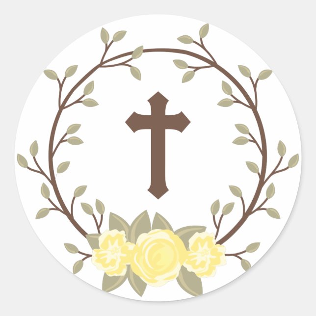 Adesivo Floral Amarelo Wreath Cross Baptism Christening (Frente)