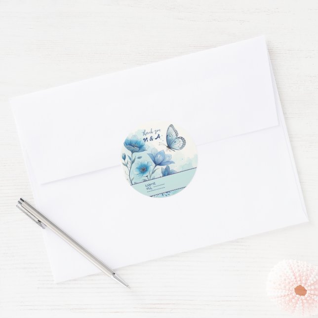 Adesivo Floral Azul Elegante e Borboleta Personalizada (Envelope)