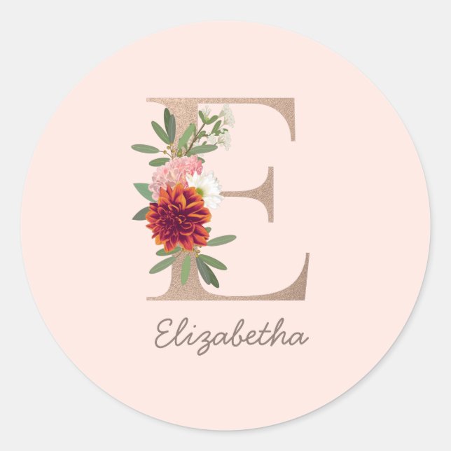 Adesivo Floral blush buquê - letra personalizada " E" (Frente)