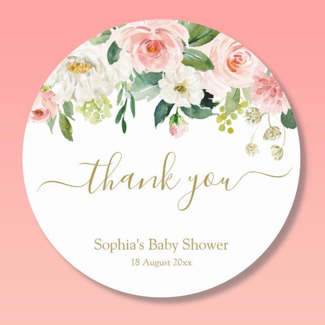 Adesivo Floral Blush Dourado Botânico Rosa Obrigado Sticke (Pink Floral Thank You Label)
