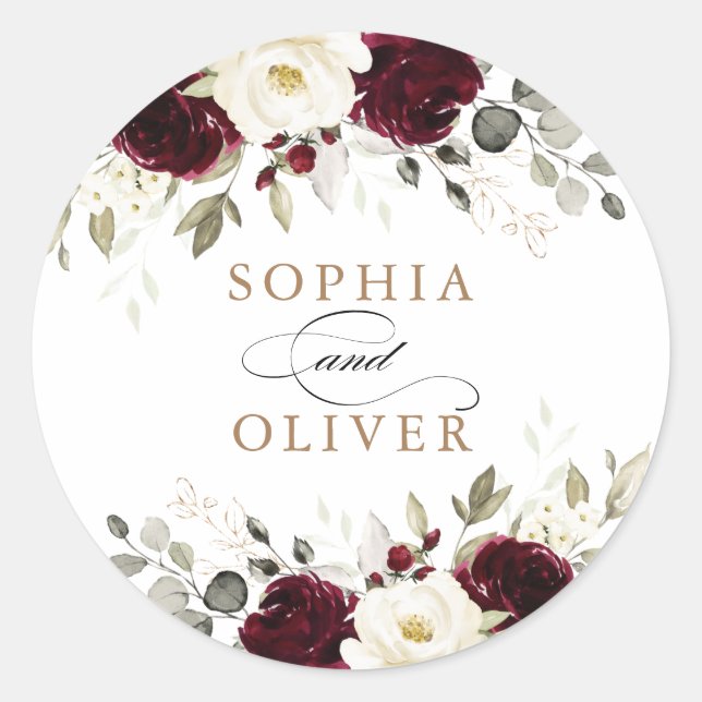 Adesivo Floral Borgonha Branca Verde Dourado Envelope Selo (Frente)