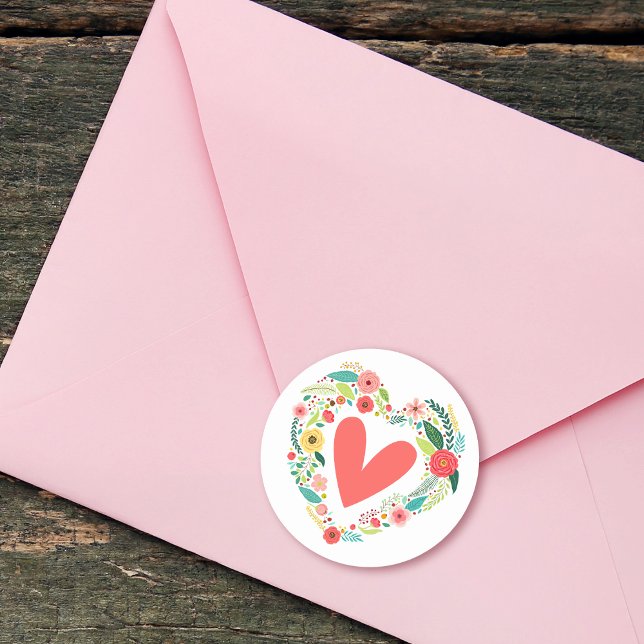 Adesivo Floral Coração Clássica (Classic Floral Heart Wreath Classic Round Sticker)