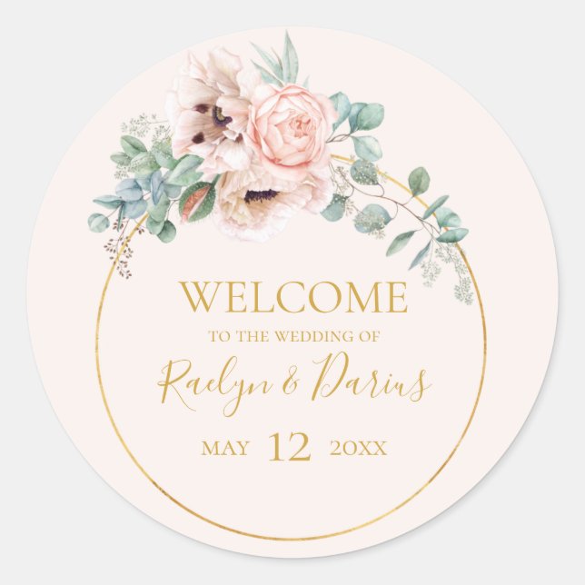 Adesivo Floral de Blush Elegante | Pastel Wedding Welcome (Frente)
