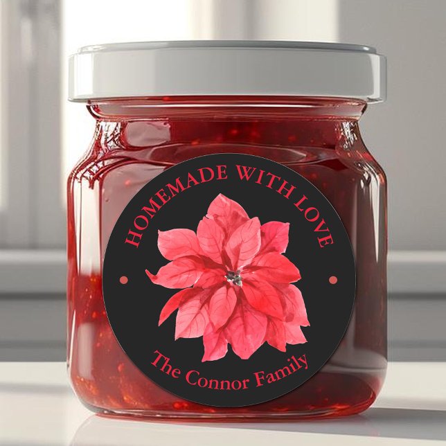Adesivo Floral de Natal Feito com Amor (Homemade With Love Christmas Poinsettia 3" Round Black Stickers)