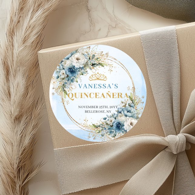 Adesivo Floral Dusty Blue Gold Greenery Quinceañera Sticke (Floral Dusty Blue Gold Greenery Quinceañera Sticker)