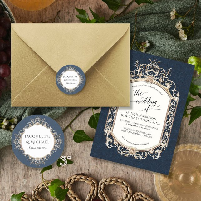 Adesivo Floral Elegante Marinho Azul e Casamento Dourado (Criador carregado)