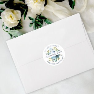Adesivo Floral em Aquarela Azul Desbotado para Endereço de