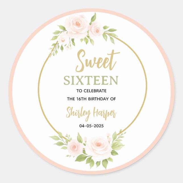Adesivo Floral Gold Script Sweet Sixteen Birthday  (Frente)