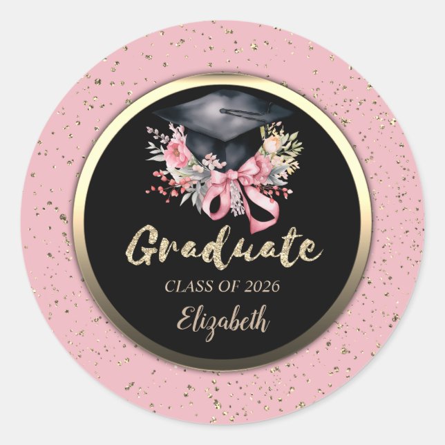 Adesivo Floral Grad Cap Pink Bow Confetti   (Frente)