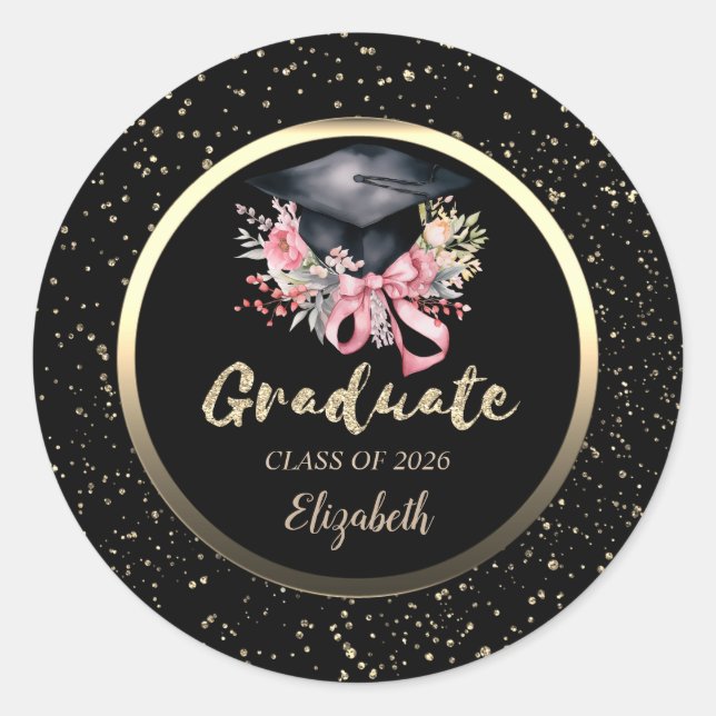 Adesivo Floral Grad Cap Pink Bow Confetti   (Frente)