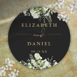 Adesivo Floral Greenery Black E Dourado Favor Do Casamento<br><div class="desc">Um adesivo verde floral elegante preto e dourado personalizado com seus nomes e data especial. Projetado por Thisnotme©</div>