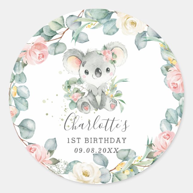 Adesivo Floral Greenery Koala Chá de aniversário (Frente)