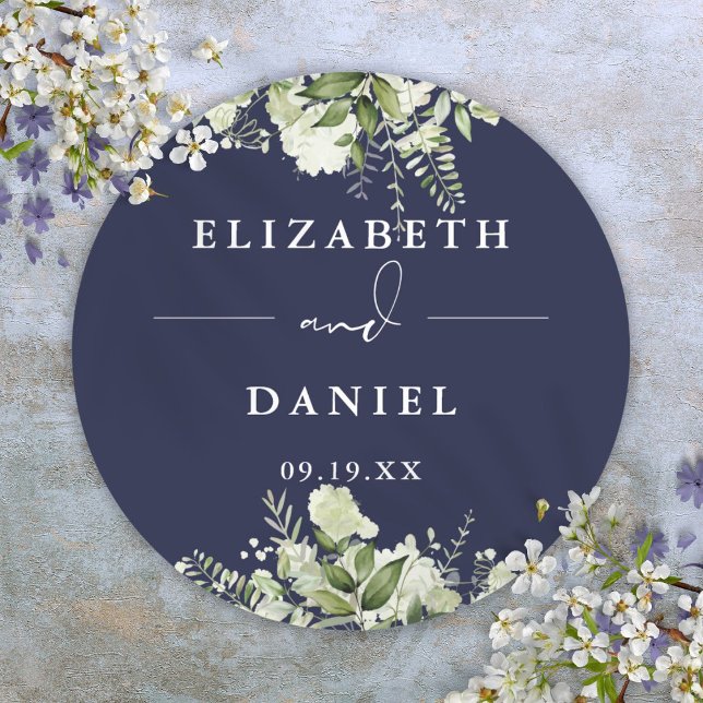 Adesivo Floral Greenery Marinho Blue Wedding Favor (Floral Greenery Navy Blue Wedding Favor Classic Round Sticker)