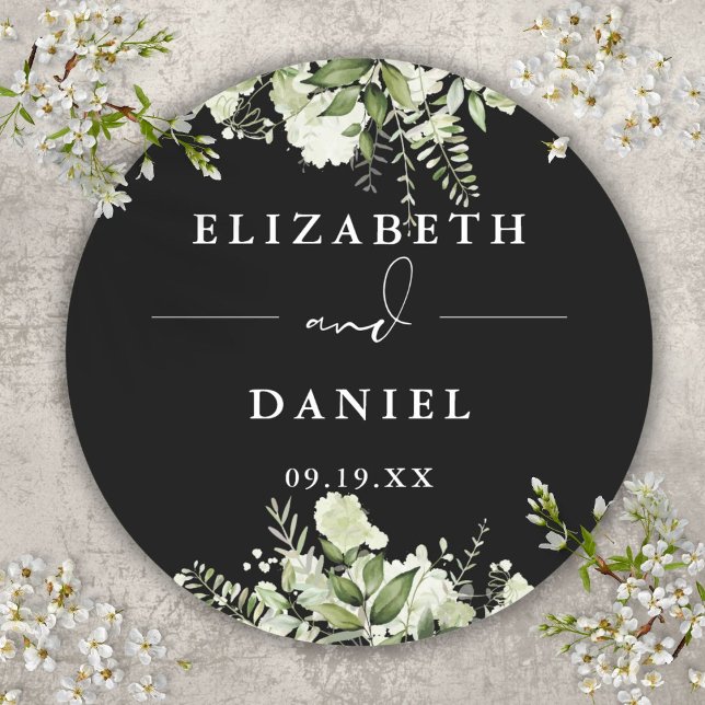 Adesivo Floral Greenery Preto E Casamento Branco (Floral Greenery Black And White Wedding Favor Classic Round Sticker)