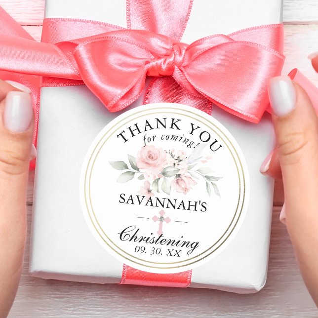 Adesivo Floral Pink Girl Christening Obrigado (Floral Pink Girl Christening / Baptism Thank You Classic Round Sticker for gifts, favors, bags, etc.)