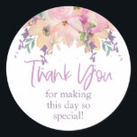 Adesivo Floral Púrpura Rosa Obrigado Aniversário De Casame<br><div class="desc">Floral Púrpura Rosa Obrigado Vossa Majestade Clássica de Aniversário de Casamento. Compartilhe sua apreciação com este obrigado floral de cor-d-água rosa e roxa que você cola.</div>