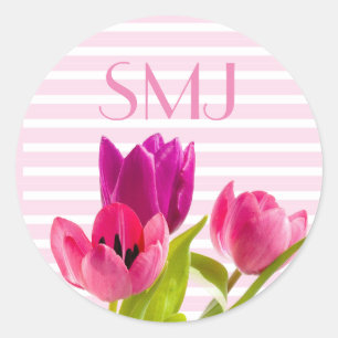 Adesivo Floral Redondo Monograma com Tulipas Rosa