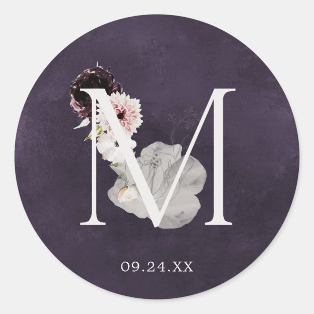 Adesivo Floral Romance - Letra M Monograma Plum Wedding Se (Frente)