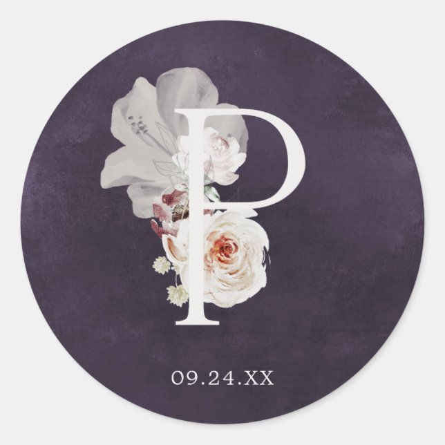 Adesivo Floral Romance - Letra P Monograma Plum Weding Sea (Frente)