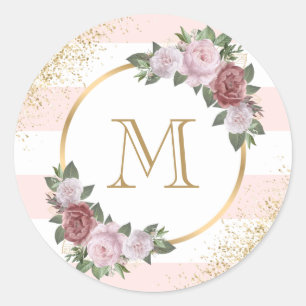 Adesivo Floral Rosa Bege Dourado Monograma