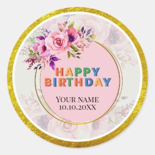 Adesivo Floral Rosa e Brilho Dourado Círculo Feliz Anivers