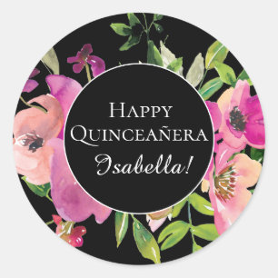 Adesivo Floral Rosa Folhas Verdes Feliz Quinceañera Preta