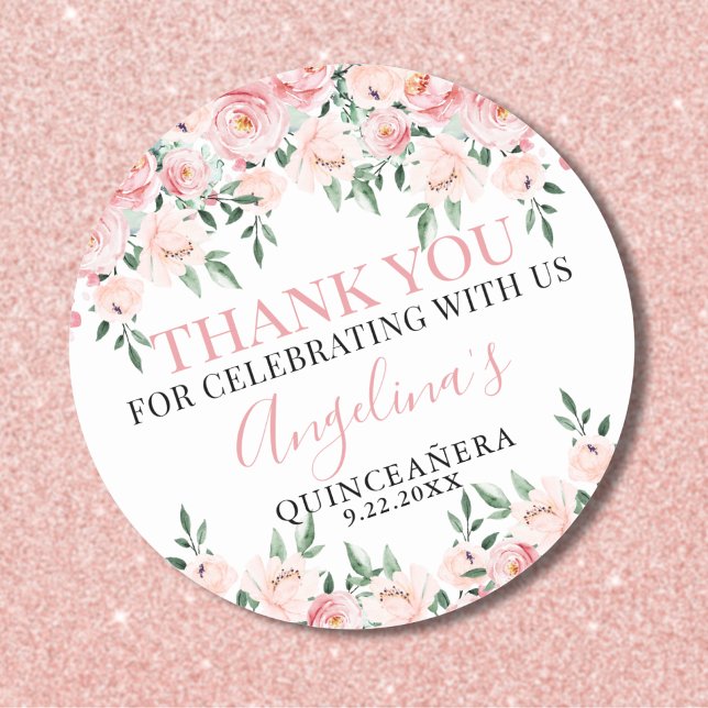 Adesivo Floral Rosa Quinze Anos (Floral Pink Quinceañera Birthday Thank You Classic Round Sticker)