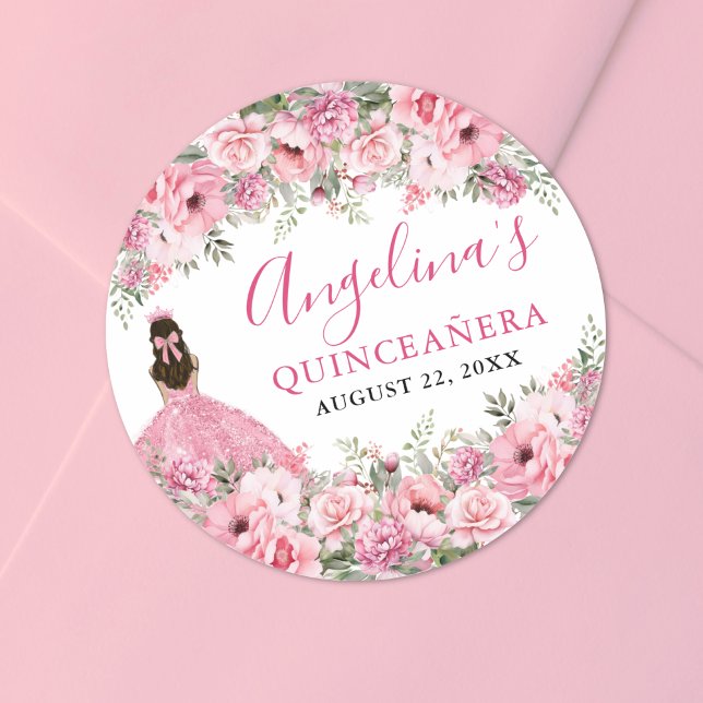 Adesivo Floral Rose Pink Quinceanera (Floral Rose Pink Quinceanera Classic Round Sticker)