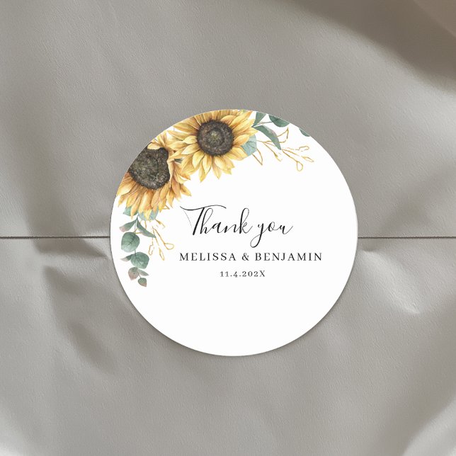 Adesivo Floral Sunflower Eucalyptus Obrigado (Floral Sunflower Eucalyptus Elegant Script Wedding Envelope Seals Round Sticker)