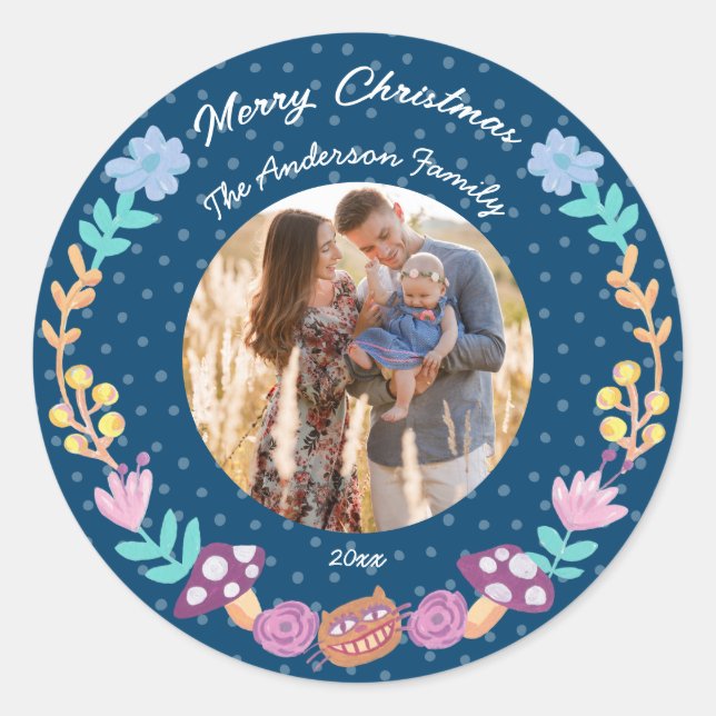 Adesivo Floral wreath cheshire cat marinho de Natal (Frente)