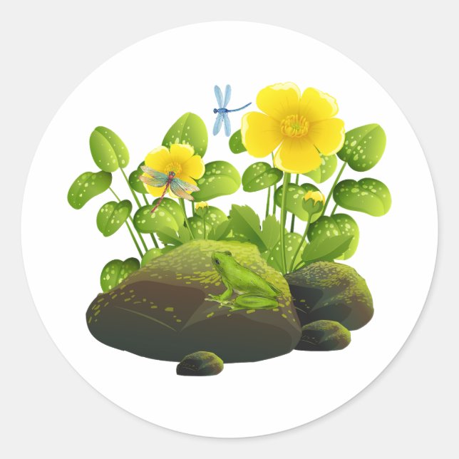 Adesivo Flores amarelas, Sapos e libélulas Natureza (Frente)
