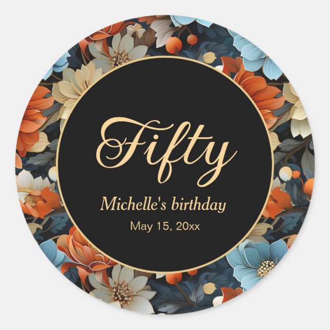 Adesivo Flores Azuis Laranja Preto 50º aniversário Qualque (Frente)