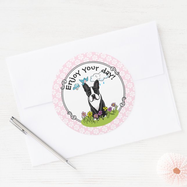 Adesivo Flores da primavera Boston Terrier Dog (preto) Cut (Envelope)