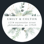 Adesivo Flores de Algodão e Folhagens Elegantes Endereço d<br><div class="desc">Este adesivo redondo apresenta folhagens de inverno pintadas à mão,  flores de algodão com texturas douradas e aquarela. Para personalização mais avançada deste design,  clique no link "personalizar mais". Itens correspondentes também estão disponíveis.</div>