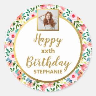Adesivo Flores De Aquarela, Foto Personalizada, Feliz Aniv