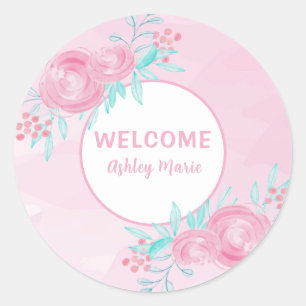 Adesivo Flores de Aquarela Rosa Personalizáveis Bem-vindo