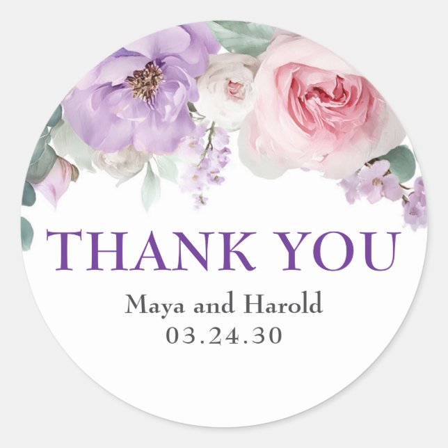 Adesivo Flores de Aquarela Roxas e Rosadas Obrigada (Frente)